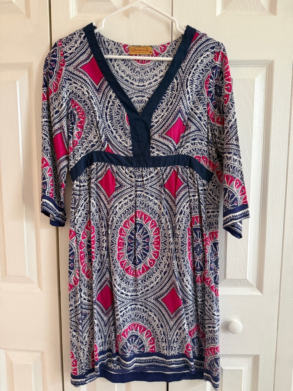 Women’s Navy & Pink Patterned V-Neck Dress